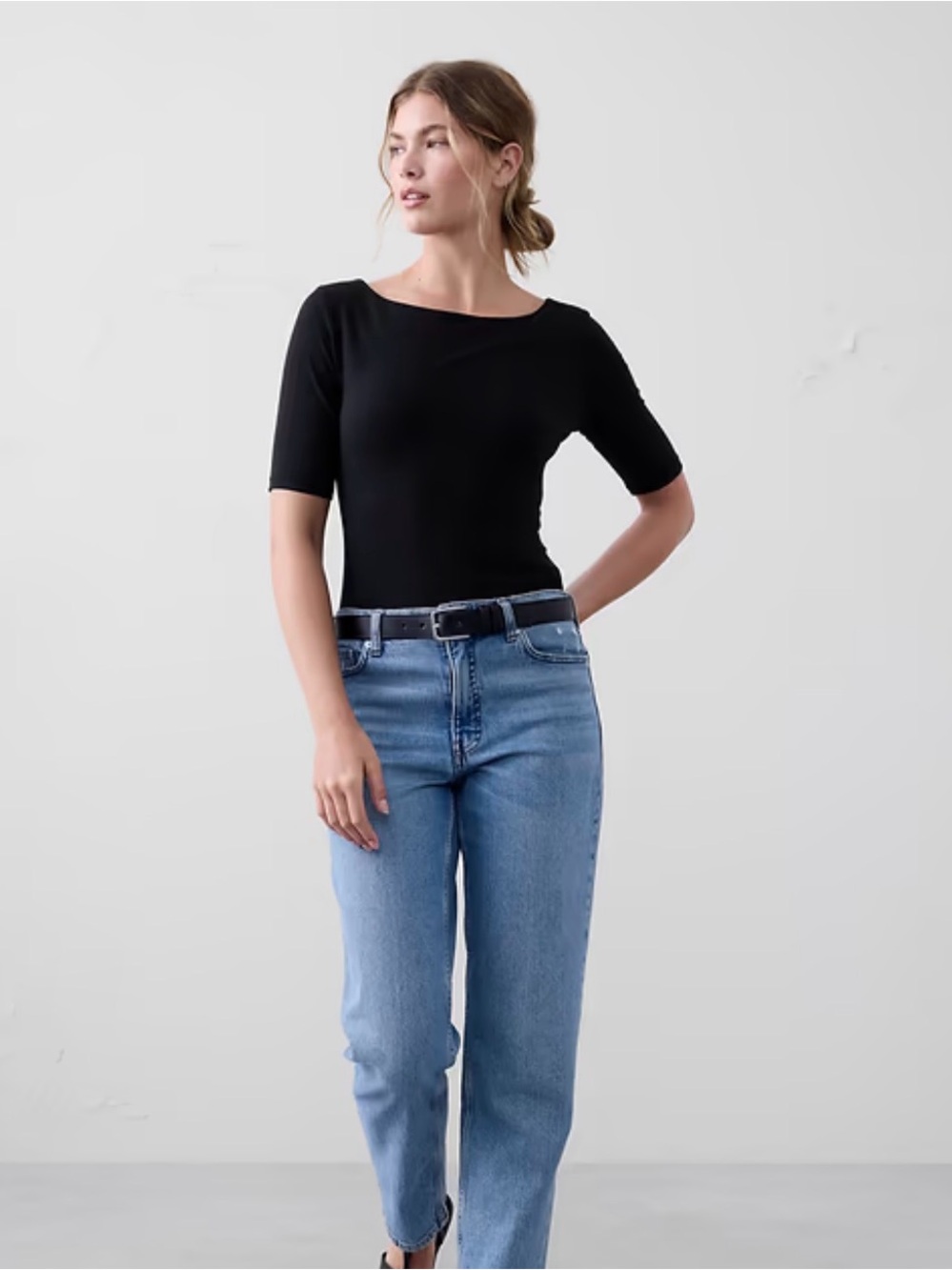 Banana Republic soft stretch double layer boat neck elbow sleeve Black top Sz L